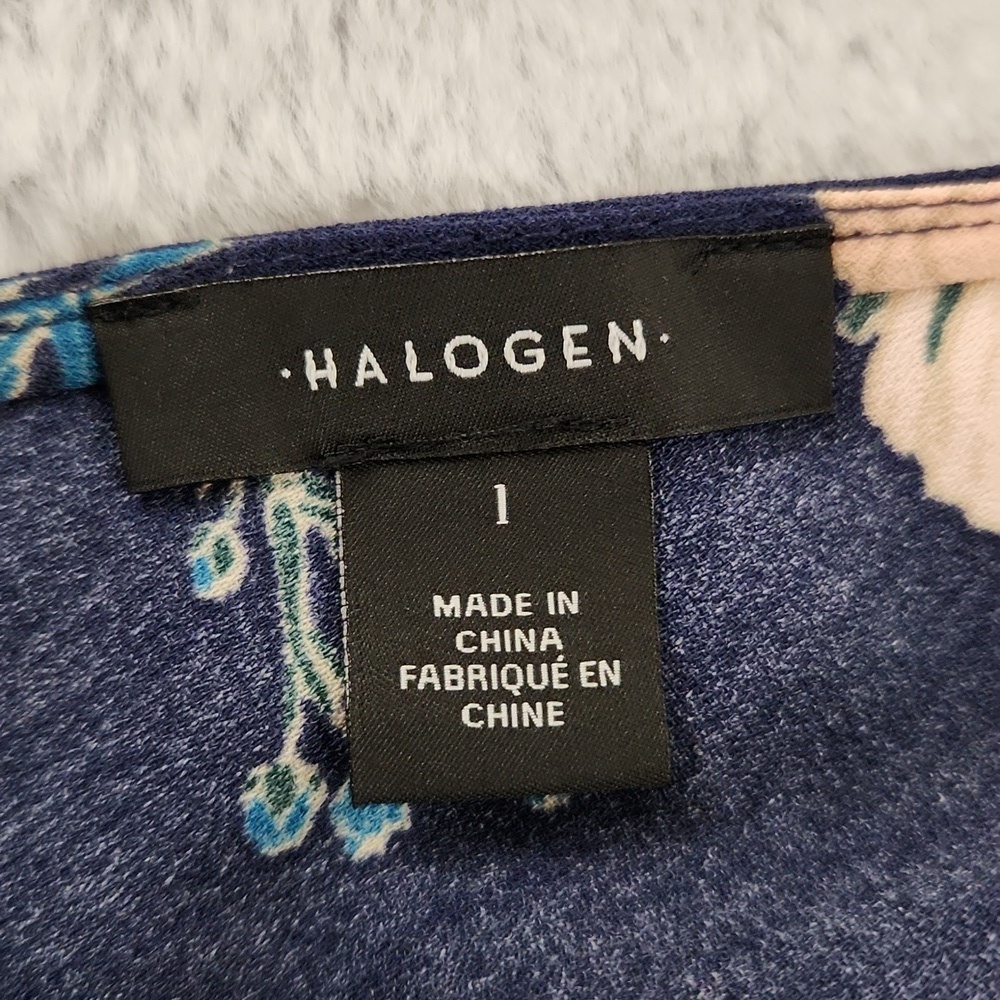 Halogen Floral Shift Dress Women's Size 1 Navy Blue 3/4 Sleeve Ruched Scarf Prin - Picture 7 of 12